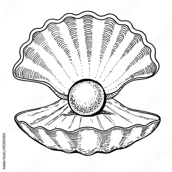 Obraz Pearl in shell sketch isolated on white background. Vintage vector illustration.	