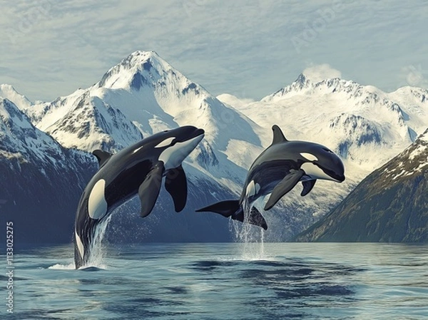Fototapeta "Two Orcas Jumping Out of the Water in Alaska with Snow-Capped Mountains Behind - Hyper-Realistic" AI generated illustration