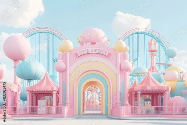 Fototapeta Whimsical Colorful Amusement Park with Soft Pastel Tones and Rides