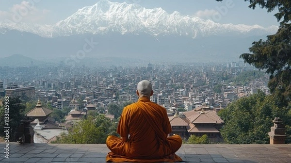 Fototapeta Monk meditating overlooking cityscape and snow-capped mountains dharamshala nature photography serene environment peaceful viewpoint