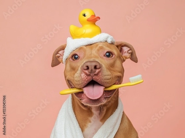 Fototapeta Cute brown pit bull dog with a towel and rubber duck on its head, holding a toothbrush in its mouth. AI generated illustration