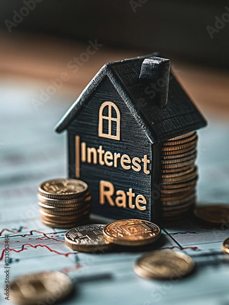 Fototapeta A stack of coins and a small model house and text "Interest Rate" in a wall of house.