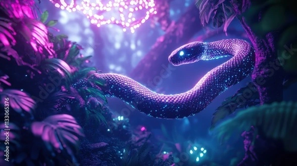 Fototapeta Glowing Snake in Neon Jungle Atmosphere with Bioluminescent Plants