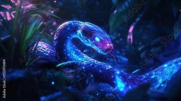 Fototapeta Futuristic Glowing Snake Surrounded by Lush Neon Jungle