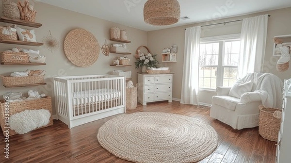 Fototapeta A serene and cozy baby room featuring a crib, natural textures, and neutral colors, created to provide a calm environment for the baby.