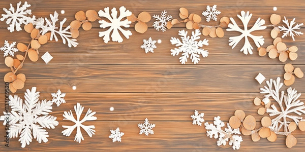 Fototapeta Wooden planks rustic holiday design with snowflakes plant garlands