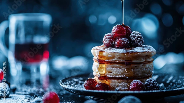 Fototapeta A mouth-watering photo featuring a stack of golden pancakes served with sweet toppings such as berries, syrup, chocolate, and other tasty treats. Perfect for breakfast, brunch, dessert, and food-relat