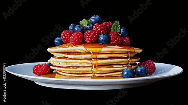 Fototapeta A mouth-watering photo featuring a stack of golden pancakes served with sweet toppings such as berries, syrup, chocolate, and other tasty treats. Perfect for breakfast, brunch, dessert, and food-relat