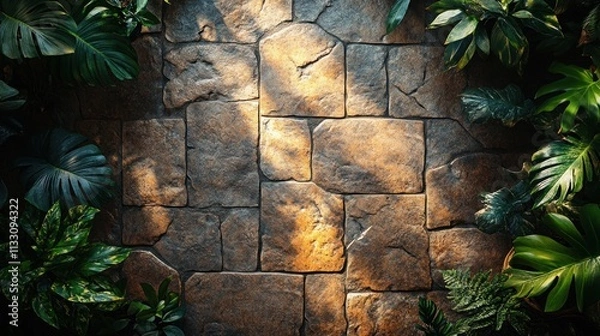 Obraz Sunlit stone pathway framed by lush tropical foliage.