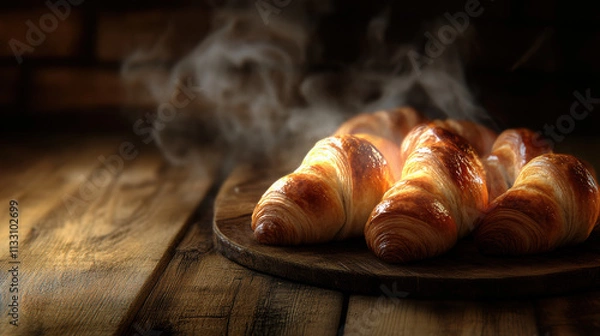 Fototapeta Fresh Croissants on Rustic Breakfast Table