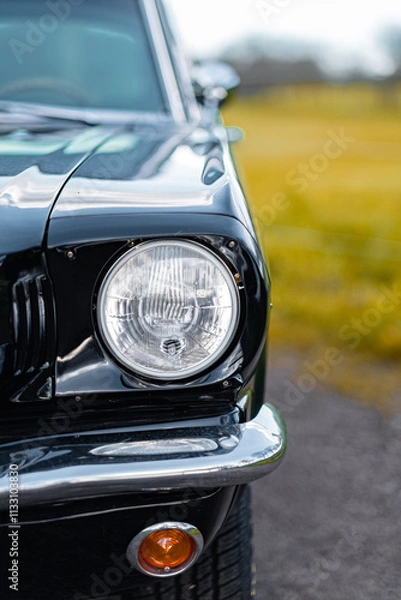 Obraz Close-Up View of a Classic Black Car Headlight in Outdoor Setting