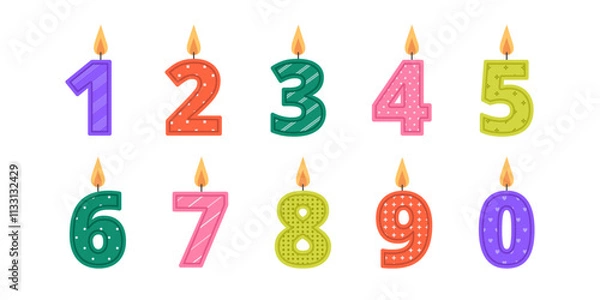 Fototapeta Colorful burning number shape birthday cake candles set with different patterns. Holiday, anniversary. Decoration for banner, greeting card. Vector flat illustration isolated on white background