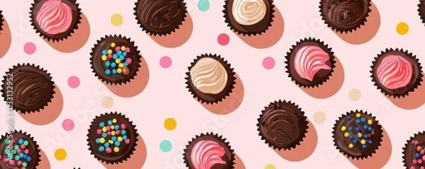 Obraz Dessert Redefined with Artisanal Brownies. Colorful assorted chocolates arranged on a pink background, featuring decorative toppings and playful polka dots.