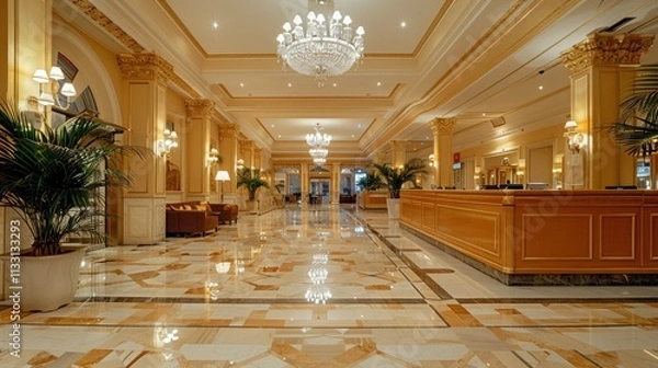 Fototapeta Elegant hotel lobby with marble floor, chandelier, and reception desk.