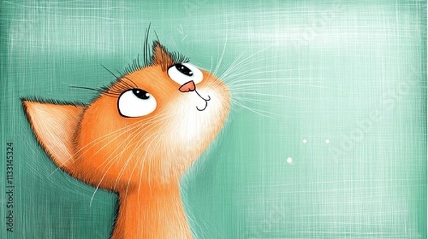 Fototapeta A whimsical cartoon-style portrait of an orange cat gazing upwards, set against a soft green background. The design captures playfulness and curiosity in a simple style