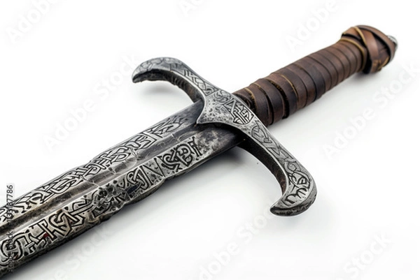 Fototapeta A Viking sword with a rune-engraved blade and leather-wrapped hilt, set against a white background.