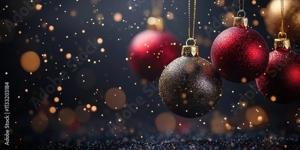 Fototapeta Festive Christmas banner with shining gold and red baubles hanging from top on black sparkling bokeh background, copy space