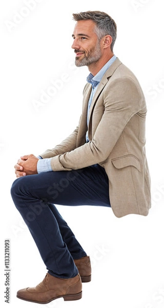 Fototapeta An Isolated sitting handsome middle aged man wearing blue chino trousers and a beige jacket, cutout on transparent background, ready for architectural visualisation. png