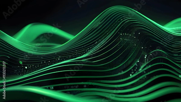 Obraz Abstract technology flow background. Futuristic green dot background with dynamic waves. 3D Rendering. 