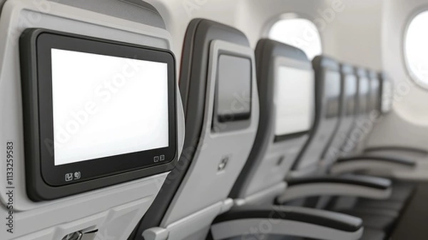 Fototapeta Blank LCD entertainment screen on airplane seats with cup holder detail, showing a passenger-friendly design