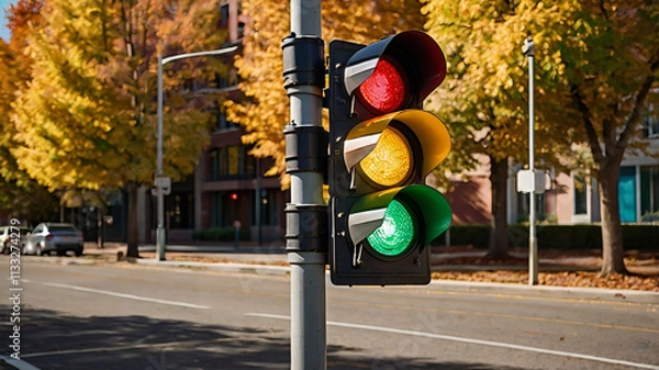 Obraz Traffic lights on an autumn road, signaling safety with red, yellow, and green lights. Urban street with fall foliage, guiding vehicles and pedestrians through a clear and vibrant cityscape.