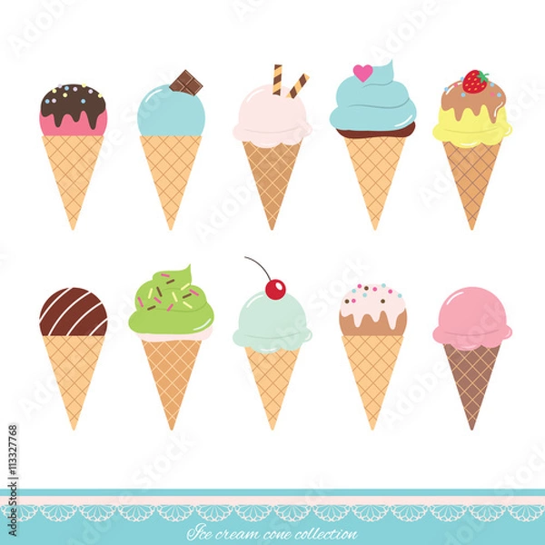 Obraz Cartoon ice cream cone set. Flat icons.