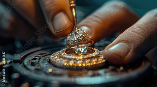Fototapeta Close-up view of a jeweler carefully crafting a detailed ring with precision tools