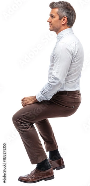 Fototapeta Side view of an Isolated sitting middleaged man wearing a white shirt and brown chino trousers, isolated over transparent background, PNG cut-out