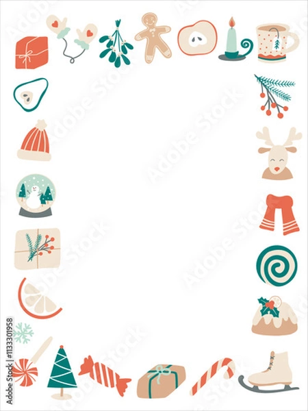 Fototapeta Greeting card with Christmas collection symbols frame. Happy New Year flat vector decorative elements on white backtround. 