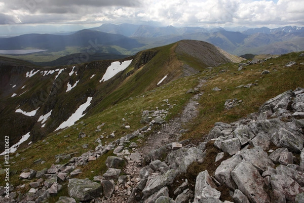 Fototapeta Ascent path to Binnein Mor and Na Gruagaichean -  View towards Glen Nevis and water of Nevis valley - Mamores - Highlands - Scotland - UK