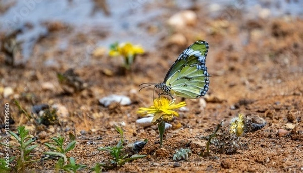 Fototapeta 오염된 들판에 남아 있는 작은 꽃 한 송이와 그 위의 나비 한 마리