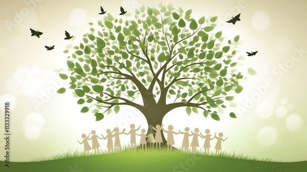 Fototapeta Green Tree Unity Silhouetted Figures and Butterflies, Nature, Community, Vector Illustration Nature, Unity