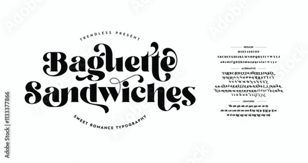 Fototapeta Baguette Sandwiches: Romance Elegant typeface design. Classic typography serif font. Uppercase, lowercase, ligatures, alternative variation, and number. Vector illustration word.