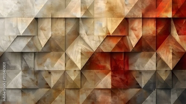 Obraz Abstract geometric background with textured triangular shapes in beige, brown, and red tones. Modern low-poly design concept for wallpaper, poster, banner, or interior decor

