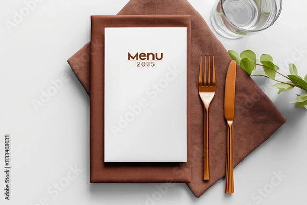 Fototapeta Restaurant menu mockup, blank sheet with space for text, for cafe, restaurant advertising, with cutlery, golden fork and knife on brown tablecloth mocha mayss color 2025, flat background,