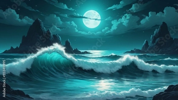Obraz Vibrant abstract ocean waves under a luminous moonlight with dramatic rocky formations and clouds