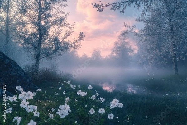 Fototapeta A misty forest edge with dewy grass and white blossoms, under a soft morning sky of pink and blue.