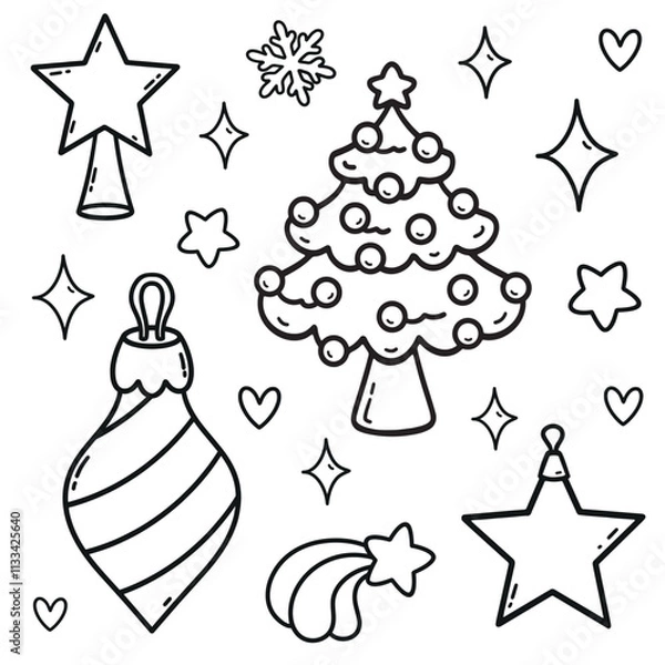 Obraz Christmas tree decorations, Christmas tree, snowflake, star, vector elements, coloring book, simple hand drawings, holiday decor, line art, cute elements, decor, winter, holidays