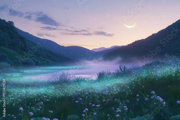 Obraz A peaceful valley filled with bioluminescent plants and a gentle, mist-covered lake, under a soft lavender sky with a crescent moon.