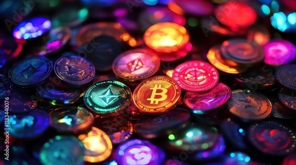 Obraz A pile of various cryptocurrency tokens, each one glowing softly with different colors.