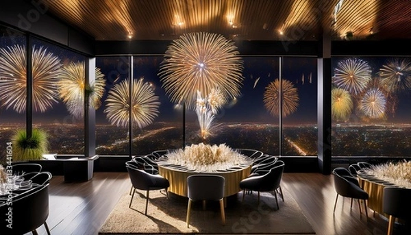 Obraz high angle view of a contemporary party with a sophisticated black and gold theme featuring elegant decorations a lively dance floor and fireworks visible through expansive windows