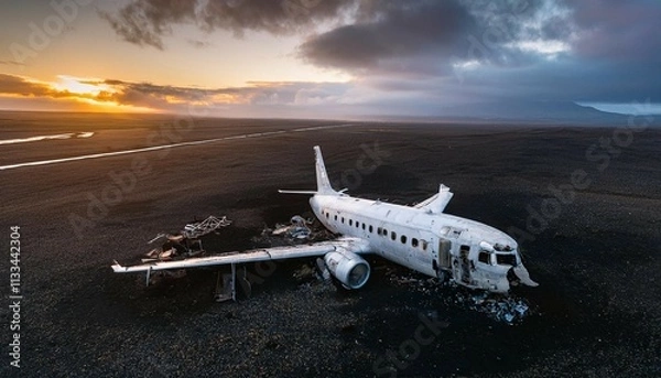 Obraz damaged debris of an airplane abandoned ruins risks of aviation aerial shot of a plane crash in a deserted field tragic accident involving aircraft failed landing engine failure incident