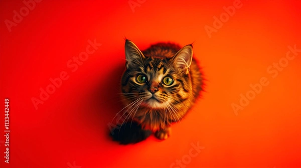 Fototapeta High-resolution stock photo overhead view of a crazy cat on a solid color background. Warm creative lighting, reds, oranges, yellows, artistic lighting, abstract