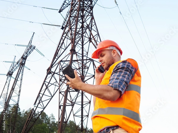 Obraz Electrical engineer working. Talking on the phone and working on