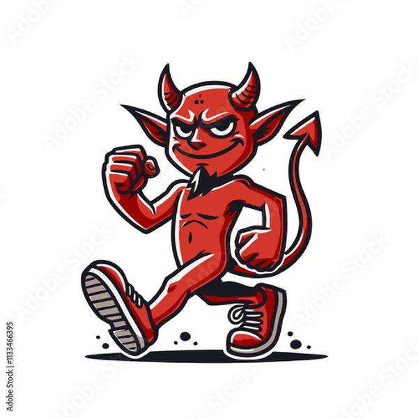 Obraz Playful devil with horns, tail, and sneakers walking confidently in a bold cartoon style. Isolated vector illustration perfect for mascots, logos, and creative designs.