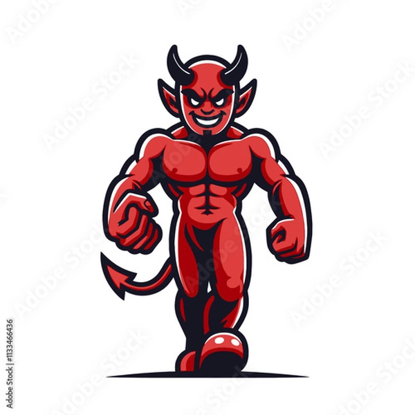 Obraz Strong devil with horns and a tail standing confidently in a bold and vibrant cartoon style. Isolated vector illustration ideal for mascots, logos, and creative designs.