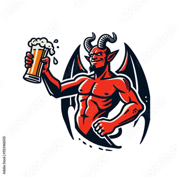 Obraz Confident devil with horns, wings, and a beer mug, flexing in a bold and dramatic cartoon style.isolated vector illustration perfect for bar logos, fantasy themes, and party branding.