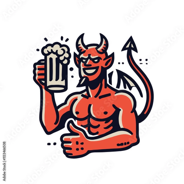 Obraz Cheerful devil with horns, a tail, and a beer mug, giving a thumbs-up gesture in a bold cartoon style.  isolated vector illustration perfect for bar branding and party themes.