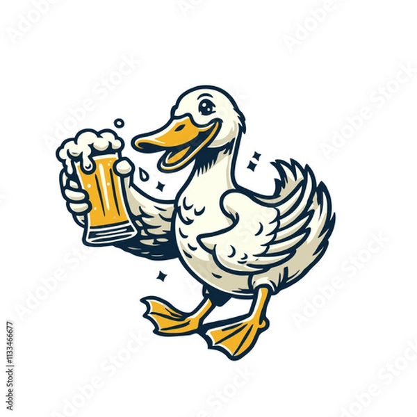 Fototapeta Cheerful duck holding a beer mug with a big smile in a fun and playful cartoon style. High-quality isolated vector illustration ideal for party themes, bar branding, and humorous designs.
