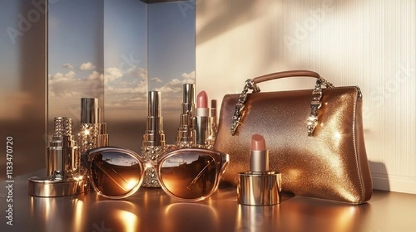 Fototapeta A high-end fashion display featuring leather handbags, oversized sunglasses, and metallic accessories, with a makeup station offering shimmering lipsticks and highlighters.
